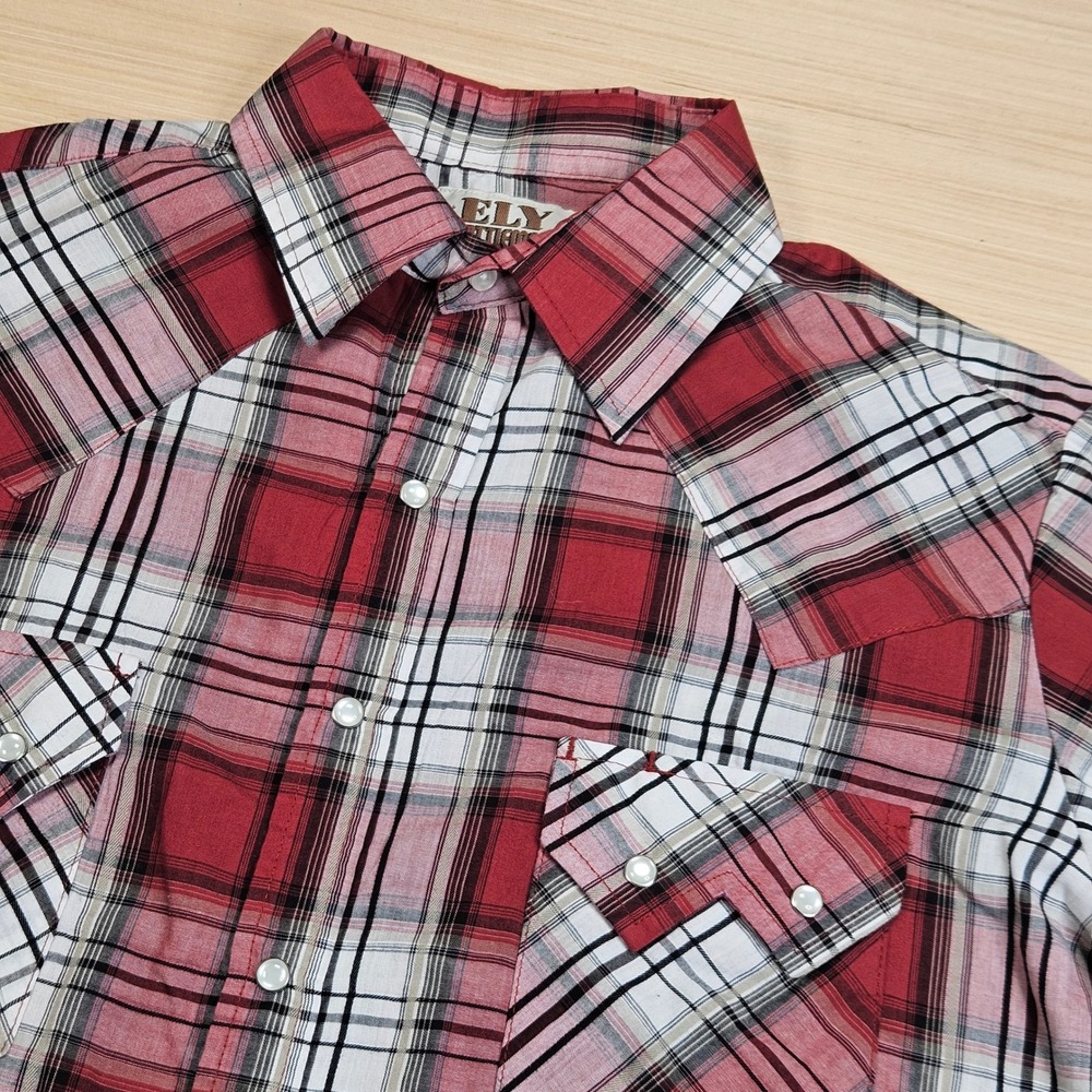 Ely Cattleman Western Shirt Mens M Red‎ Plaid Pearl Snap Long Sleeve Cowboy